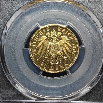 1901年 德国安哈特-德绍精制20马克 精制 金币 PCGS PR65CAM 唯一记录冠军分！充分体现黄金特有光泽