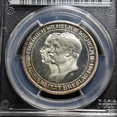 1911年 德国普鲁士3马克 精制 银币 PCGS PR67CAM 唯一记录冠军分！顶级品相 淡金包浆中包裹镜面底板的超强反光