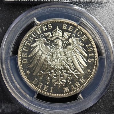 1915年 德国萨克森梅宁根3马克 精制 银币 PCGS PR67DCAM 唯一记录冠军分！精制底板原光层次分明 