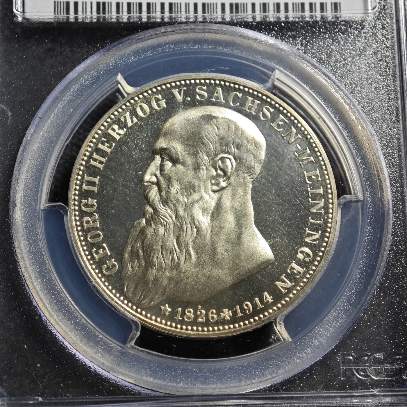 1915年 德国萨克森梅宁根3马克 精制 银币 PCGS PR67DCAM 唯一记录冠军分！精制底板原光层次分明 