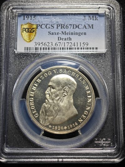 1915年 德国萨克森梅宁根3马克 精制 银币 PCGS PR67DCAM 唯一记录冠军分！精制底板原光层次分明 