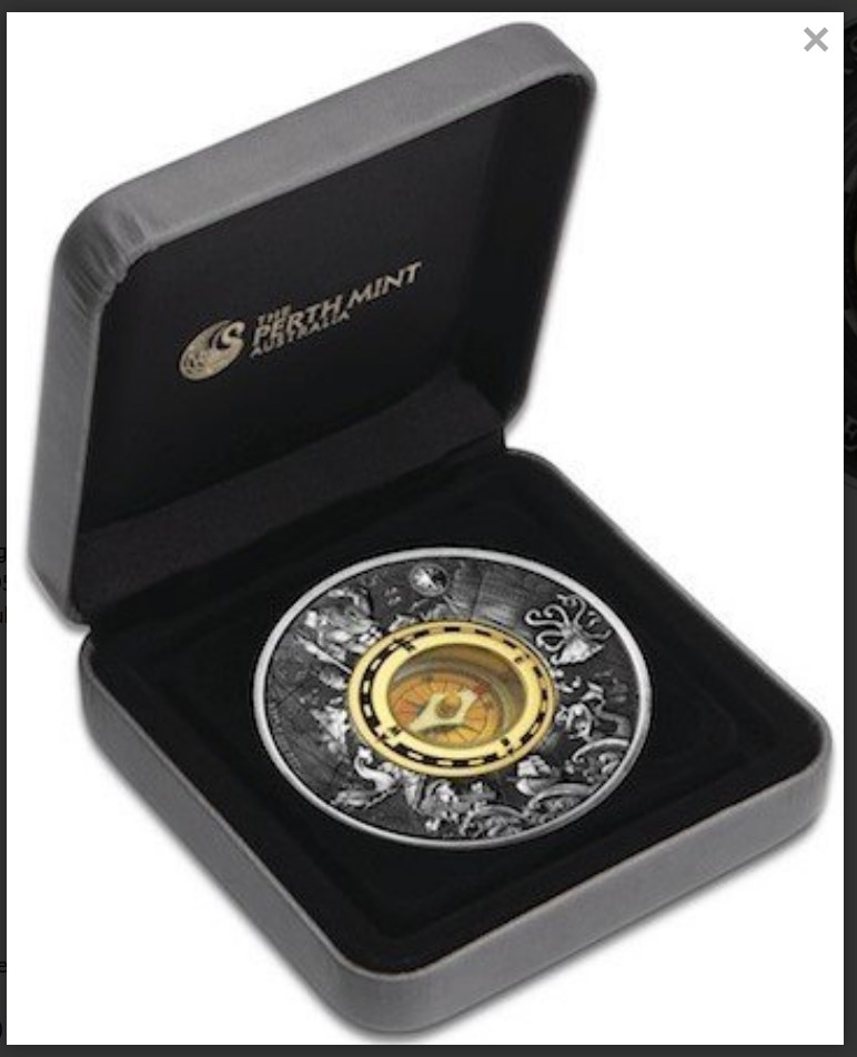 Tuvalu Perth Mint, 2017 Antique Silver Compass. 999 Silver, 62.27g, 45.5mm, 