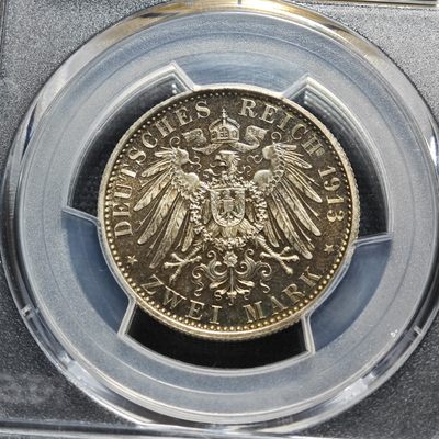 1913年 德国普鲁士威廉二世军装2马克 精制 银币 PCGS PR67CAM 冠军分！顶级品相 彩色包浆中不失精制底板独有的平滑细润光泽