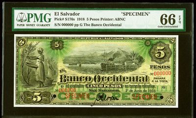 【Blue Auction】✨世界纸币精拍第378期【精】 -  【冠军分 百年风云】萨尔瓦多 1918年5比索 采摘咖啡&港口风景唯美 PMG66EPQ  ABNC出品 样钞 老壳子 高分较少见 该国早期的实钞和样钞都比较稀缺 相对于墨西哥价值比较高 63分今年拍了900美金 65分去年拍了1380美金 66分冠军分少见
