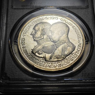 1915年 德国梅克仑堡什未林5马克 精制 银币 PCGS PR66CAM 顶级品相 超原光 状态极佳