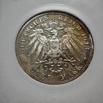 1913年 德国普鲁士军装3马克 精制 银币 NGC PF67 冠军分！顶级品相 超强精制底板中带有彩金包浆
