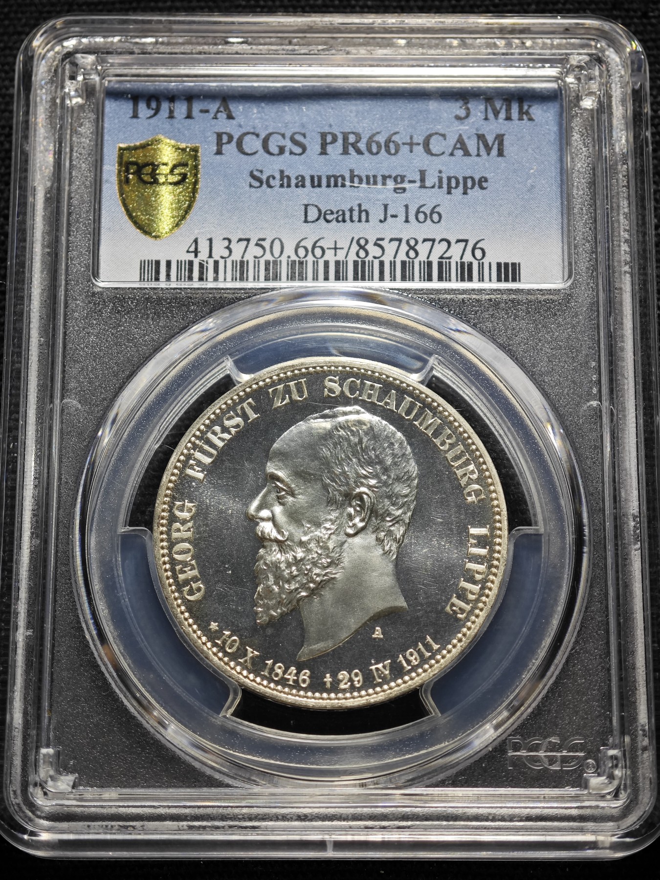 1911年 德国绍姆堡利普3马克 精制 银币 PCGS PR66+CAM 超强精制特有犀利超强转光