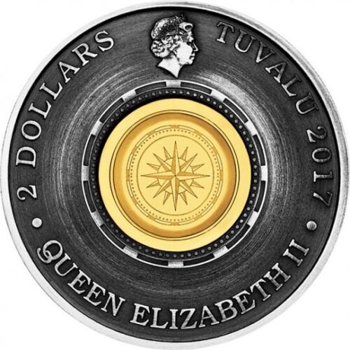 Tuvalu Perth Mint, 2017 Antique Silver Compass. 999 Silver, 62.27g, 45.5mm, 