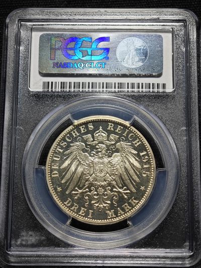 1915年 德国萨克森梅宁根3马克 精制 银币 PCGS PR67DCAM 唯一记录冠军分！精制底板原光层次分明 