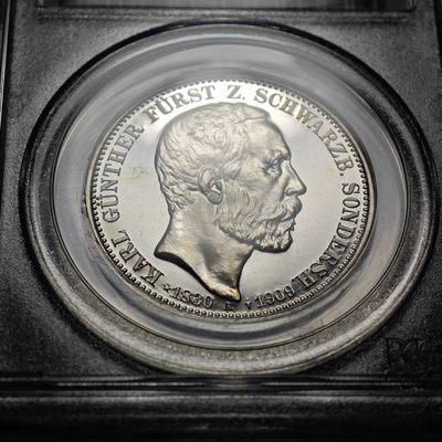 1909年 德国施瓦茨堡松德豪森3马克 精制 银币 PCGS PR67DCAM 冠军分！顶级品相 精制底板下超强转光