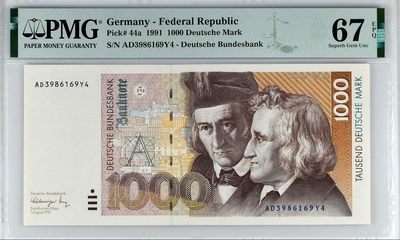 【Blue Auction】✨世界纸币精拍第378期【精】 - 【初版】德国 1991年1000马克 格林兄弟 PMG67EPQ 高分 