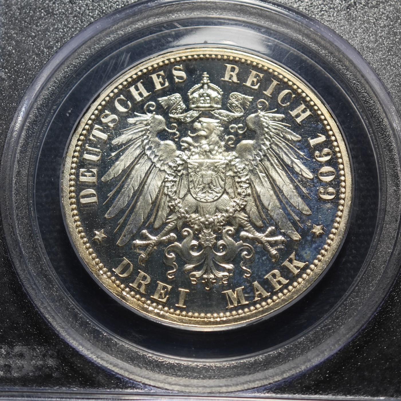 1909年 德国施瓦茨堡松德豪森3马克 精制 银币 PCGS PR67DCAM 冠军分！顶级品相 精制底板下超强转光