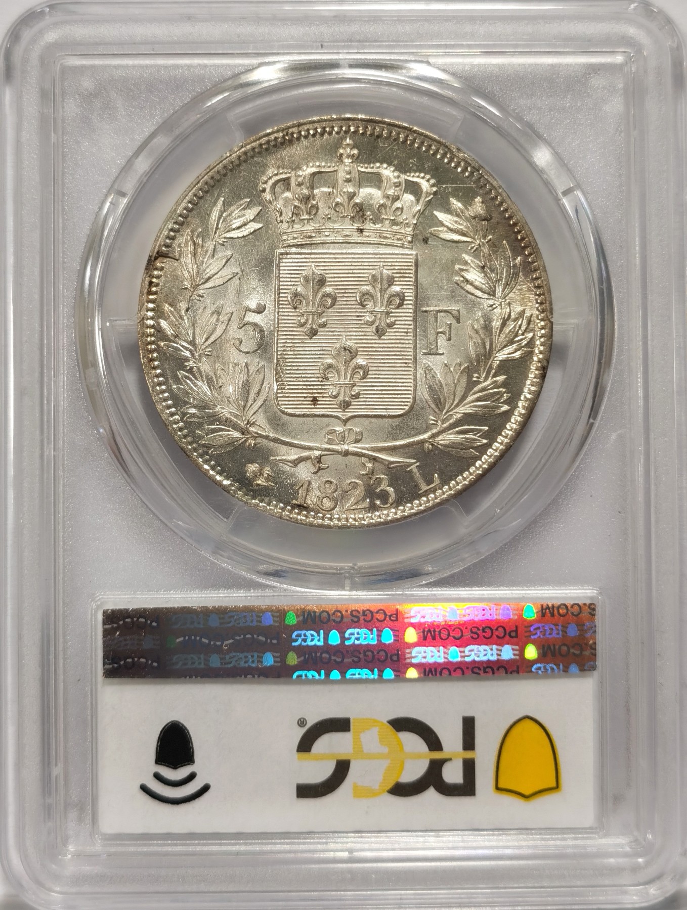 博洋堂世界钱币拍卖第047期（全场包邮） PCGS MS63 法国1823L路易十八5法朗银币,底板一流，镜面车轮光状态，版别郁金香巴约纳厂，稀少。名家旧藏（Joe.sedillot），官方封面广告币