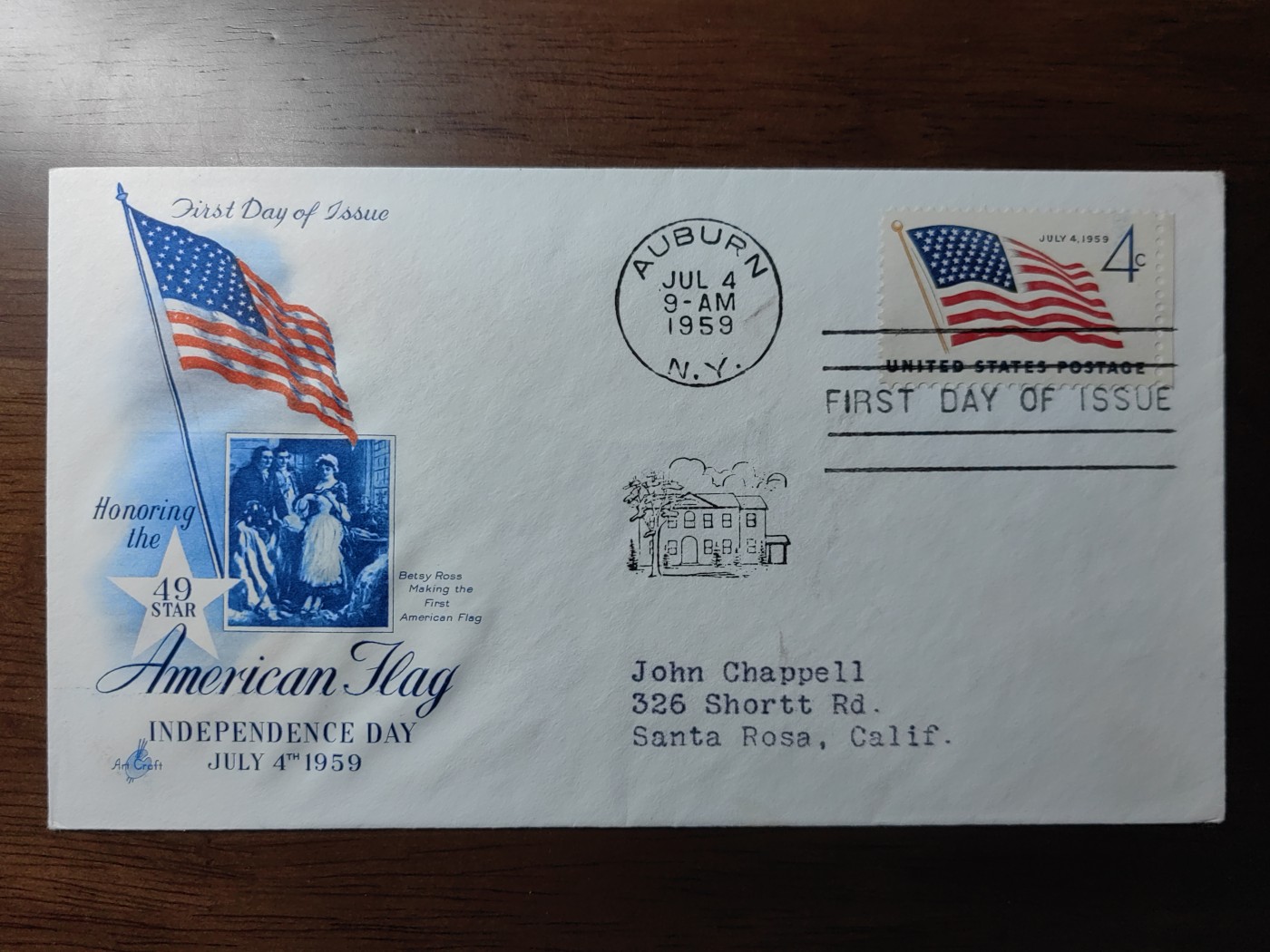 外国邮品精品专场（秒杀）第①③场 美国1959国旗星条旗 雕刻版 首日封（实寄）