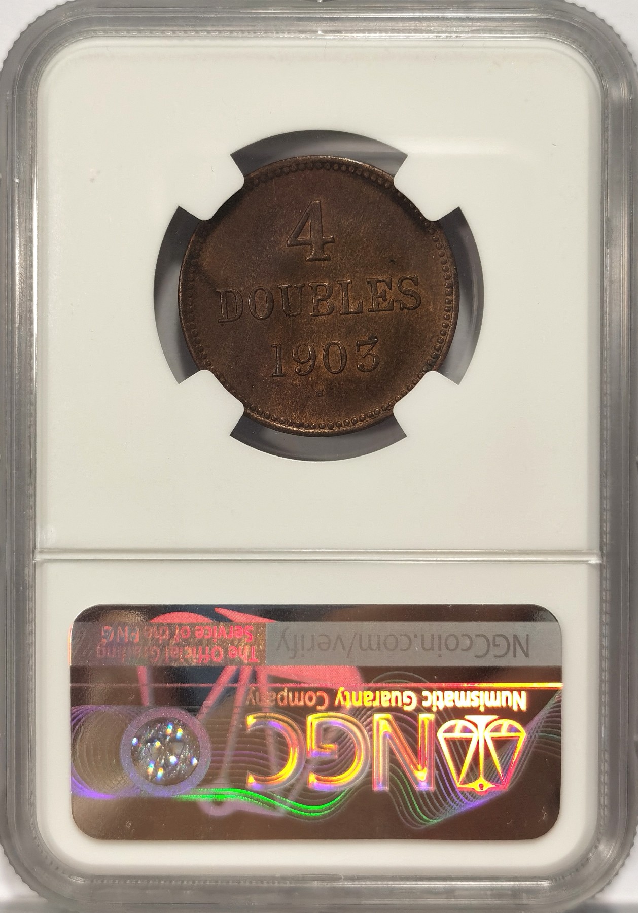 博洋堂世界钱币拍卖第047期（全场包邮） NGC MS64RB 英属根西1903年4道布铜币 轻度氧化铜光醇厚，打制深峻，经典三狮纹章非常可爱