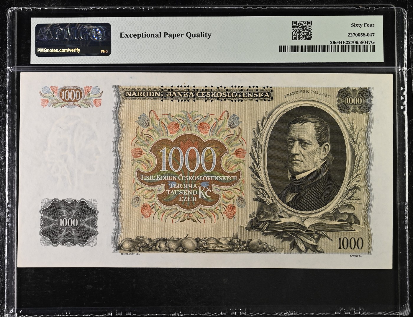 收藏联盟Quantum Auction 第295期拍卖  捷克斯洛伐克1934年1000克朗样票 PMG64e 政治思想家 帕拉茨基