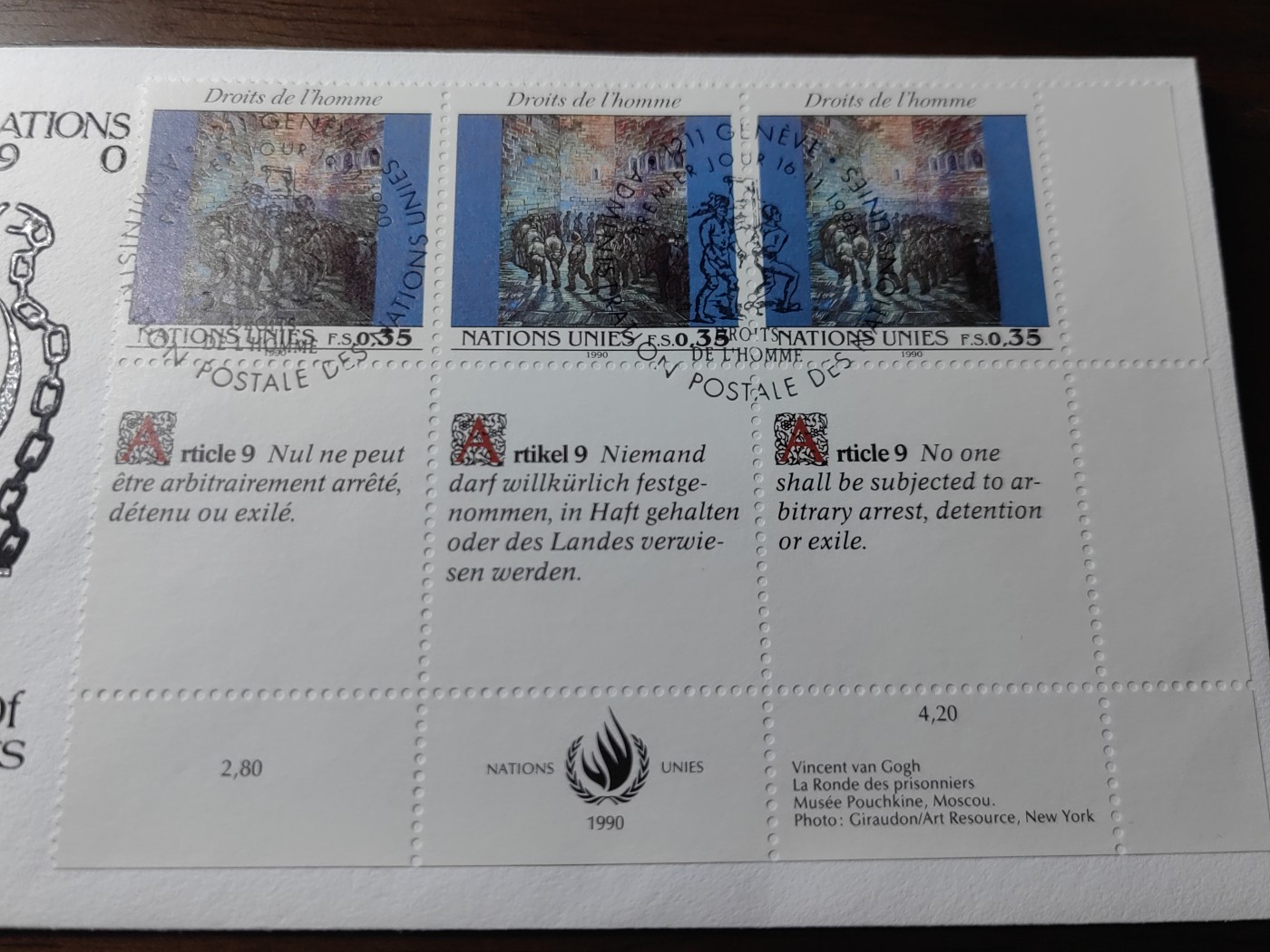 外国邮品精品专场（秒杀）第①③场 联合国(日内瓦)1990 凡高丢勒绘画（凹凸印刷）