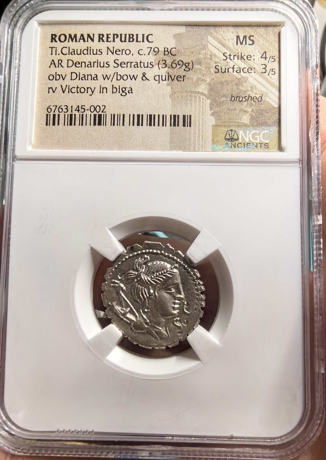 NGC 4/3分 古罗马共和时期月亮女神银币