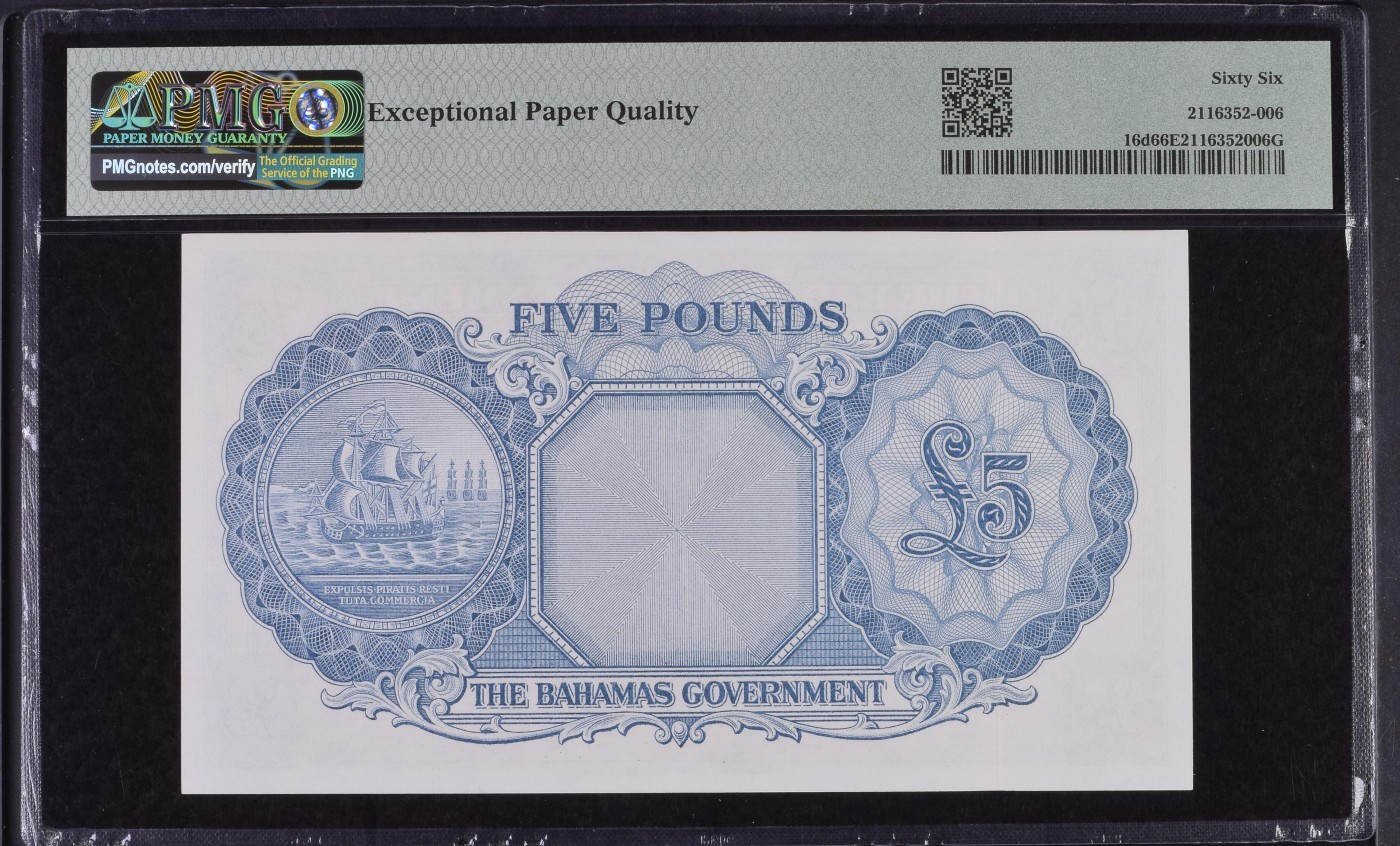 收藏联盟Quantum Auction 第295期拍卖  巴哈马1936 (ND 1963)年5镑 PMG66 稀少 大冠女王珍品