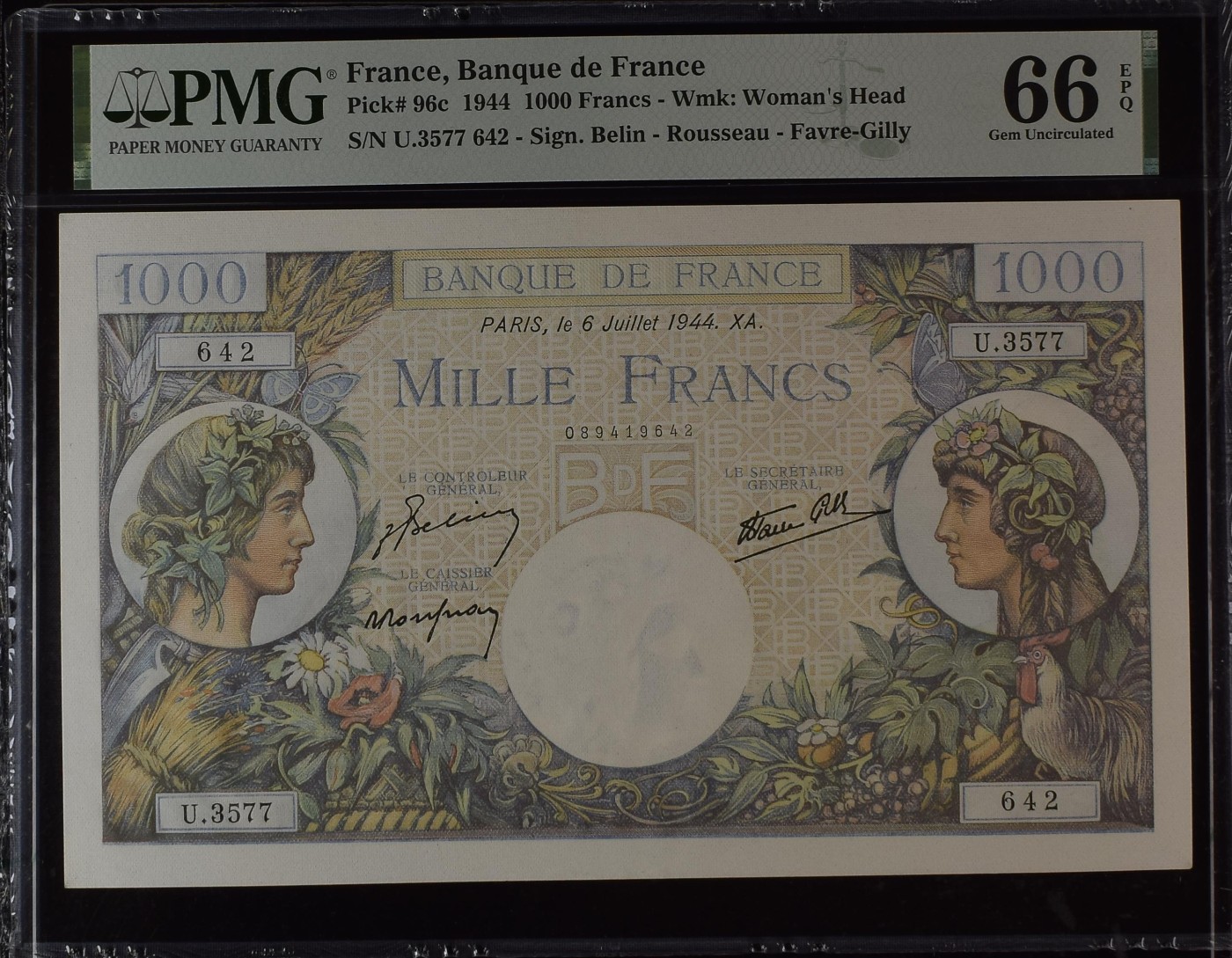 收藏联盟Quantum Auction 第295期拍卖  法国1944年1000法郎 PMG66