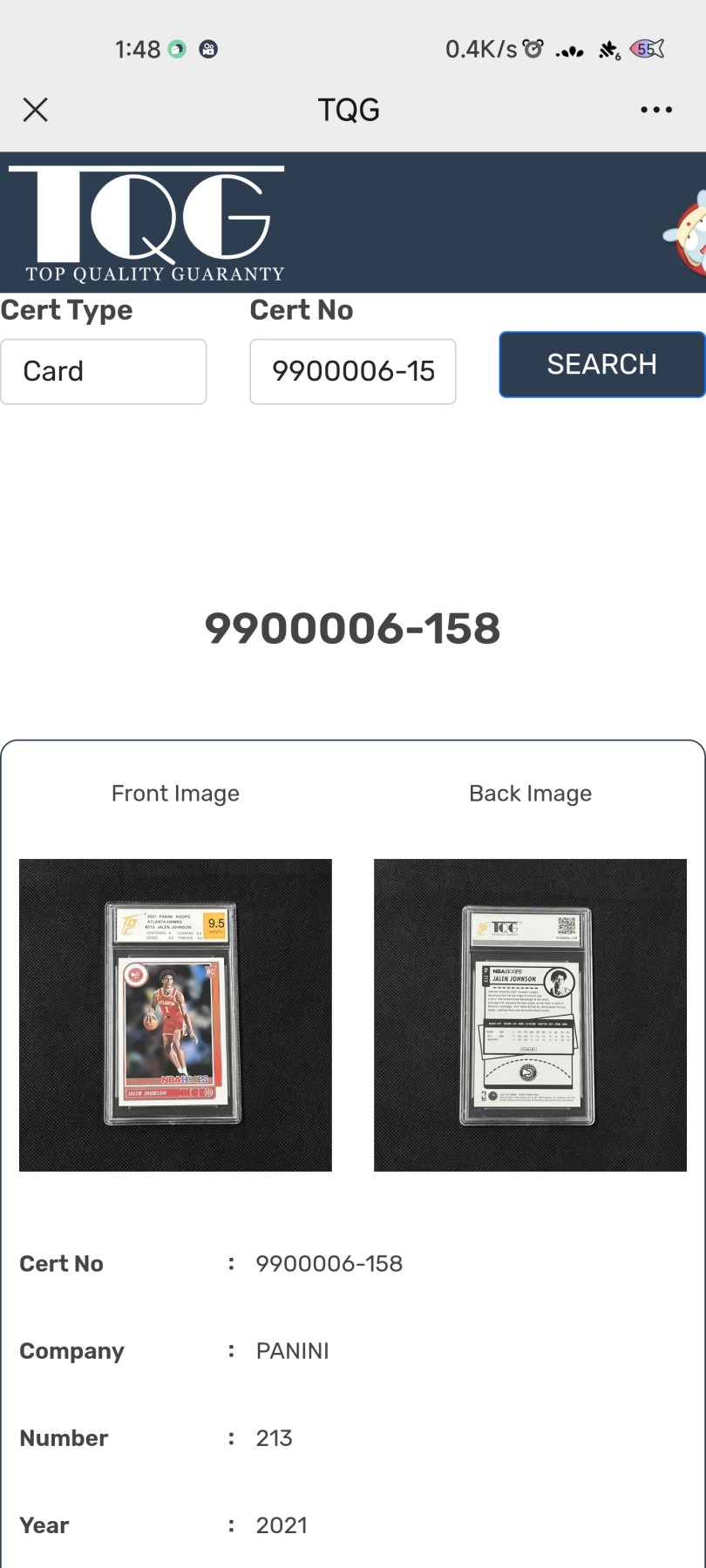 妖精的尾巴卡牌拍卖第二场 2021帕尼尼篮球卡亚特兰大老鹰队。杰伦约翰逊TQC评级9.5分