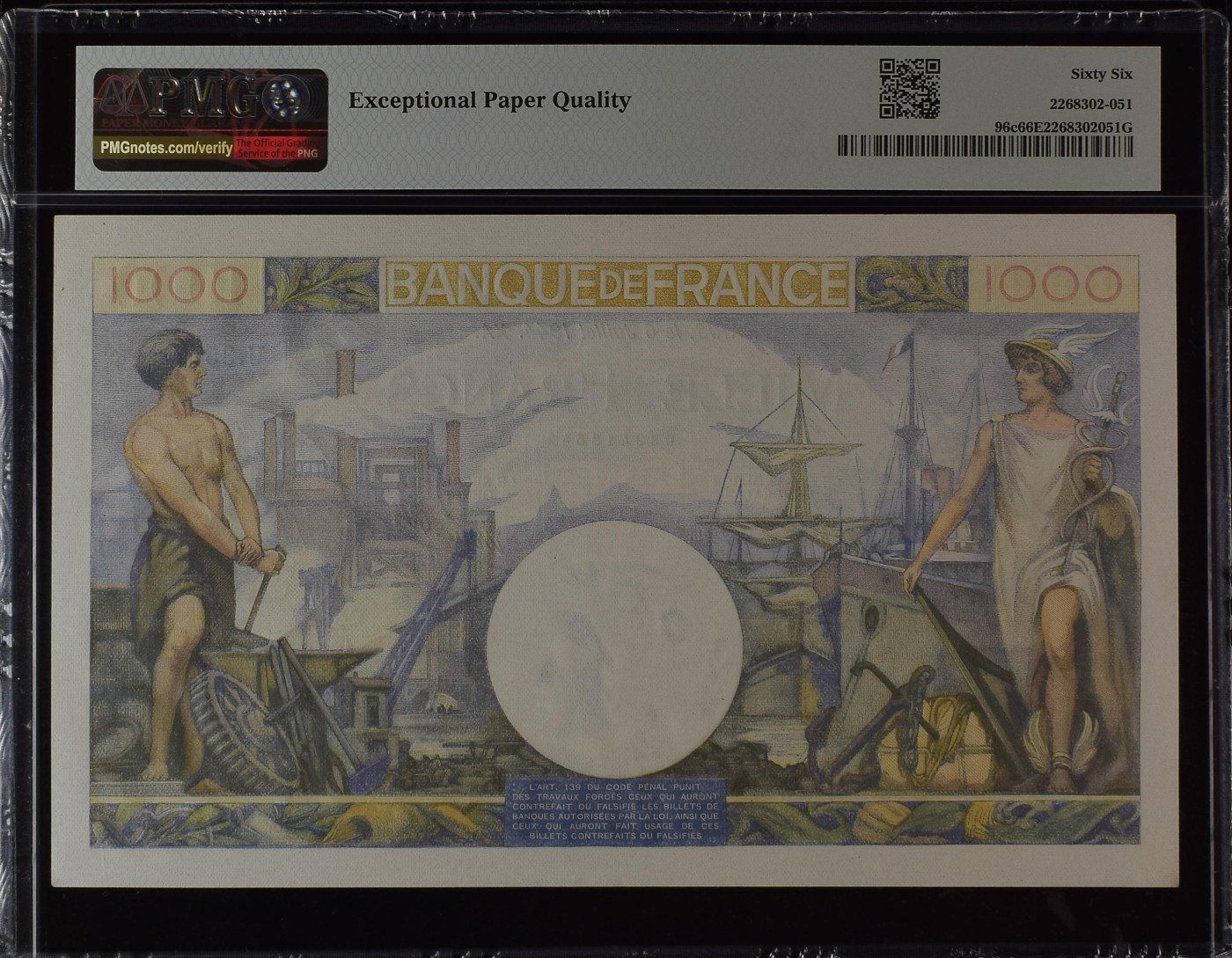 收藏联盟Quantum Auction 第295期拍卖  法国1944年1000法郎 PMG66