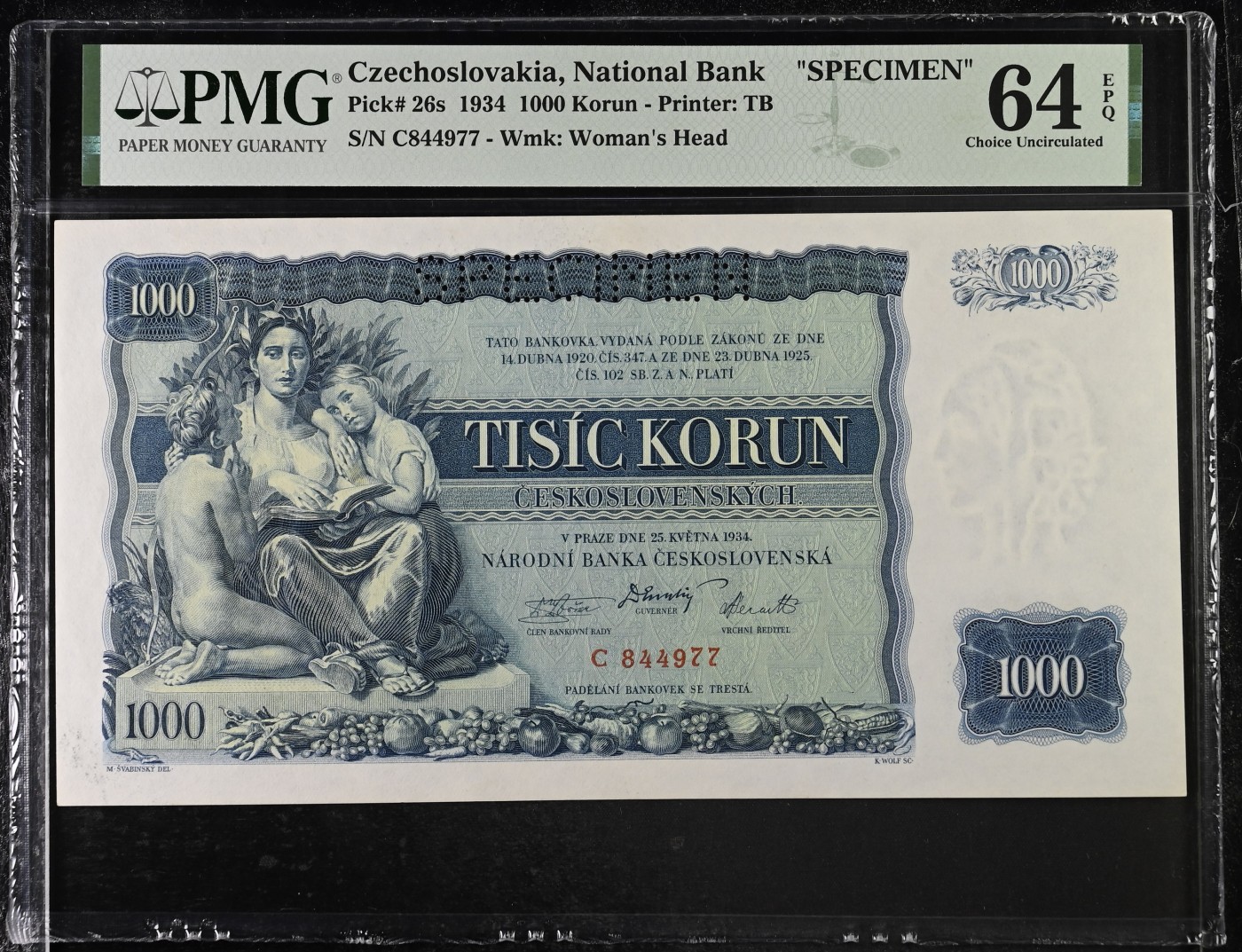 收藏联盟Quantum Auction 第295期拍卖  捷克斯洛伐克1934年1000克朗样票 PMG64e 政治思想家 帕拉茨基