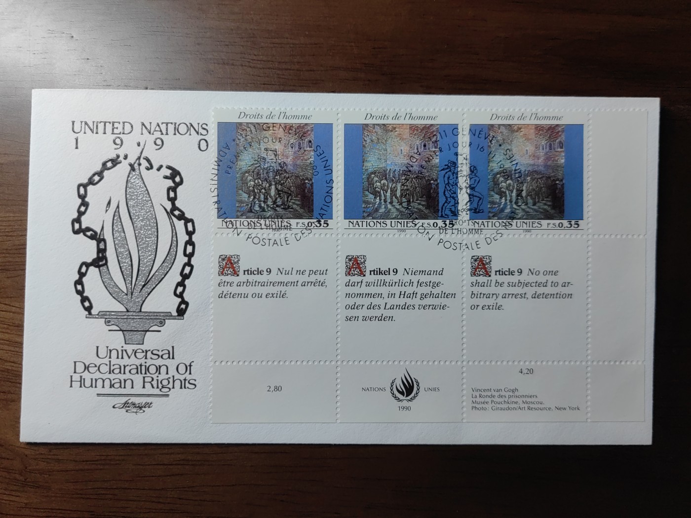 外国邮品精品专场（秒杀）第①③场 联合国(日内瓦)1990 凡高丢勒绘画（凹凸印刷）