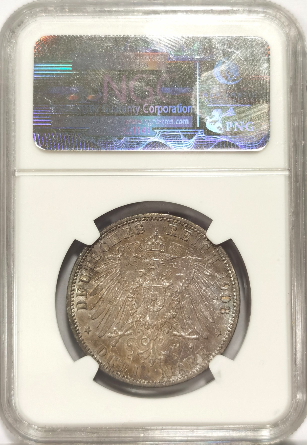 博洋堂世界钱币拍卖第047期（全场包邮） NGC MS64 德国巴登1908年弗里德里希二世3马克，深紫罗兰原味包浆，N盒老评，状态一流