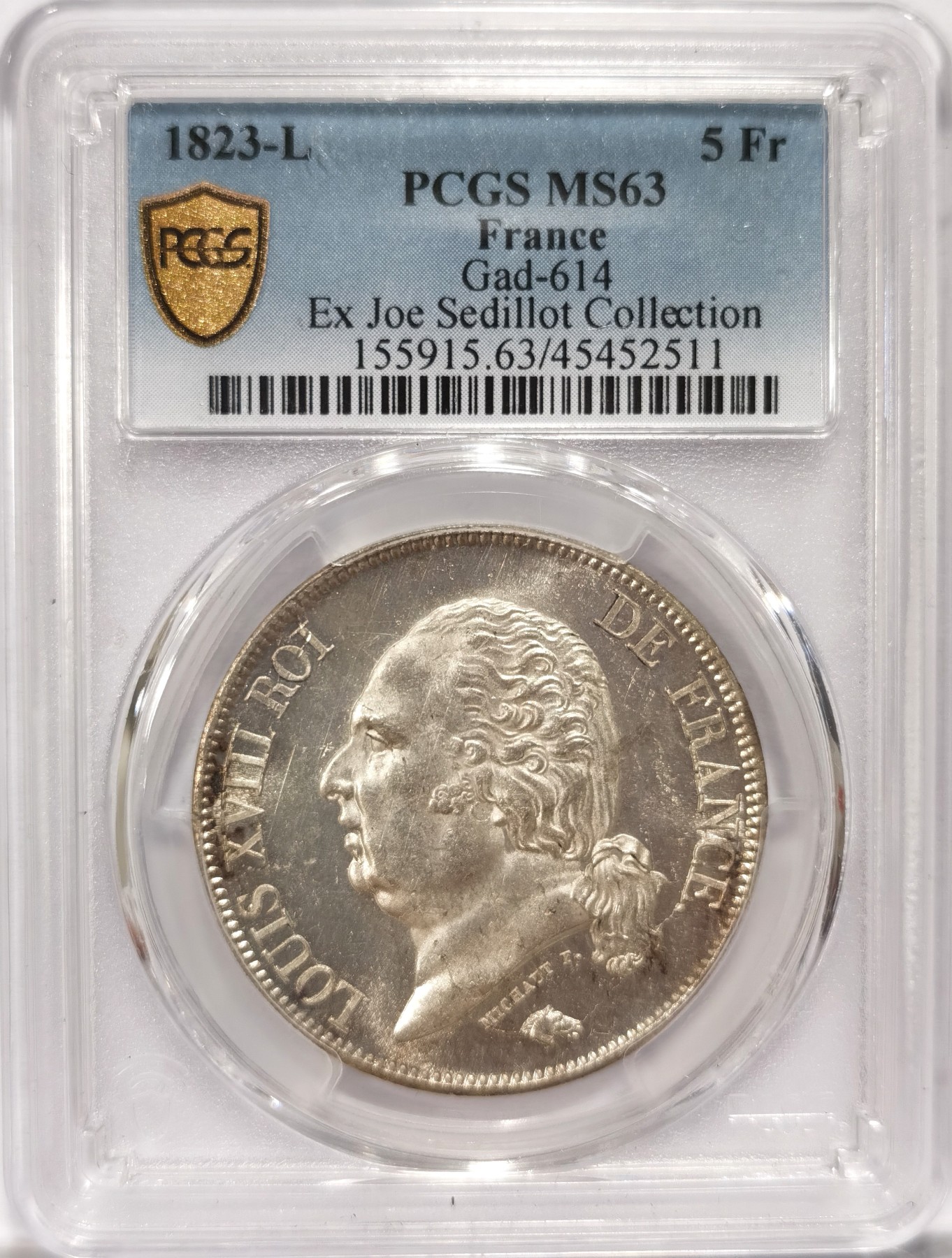 博洋堂世界钱币拍卖第047期（全场包邮） PCGS MS63 法国1823L路易十八5法朗银币,底板一流，镜面车轮光状态，版别郁金香巴约纳厂，稀少。名家旧藏（Joe.sedillot），官方封面广告币