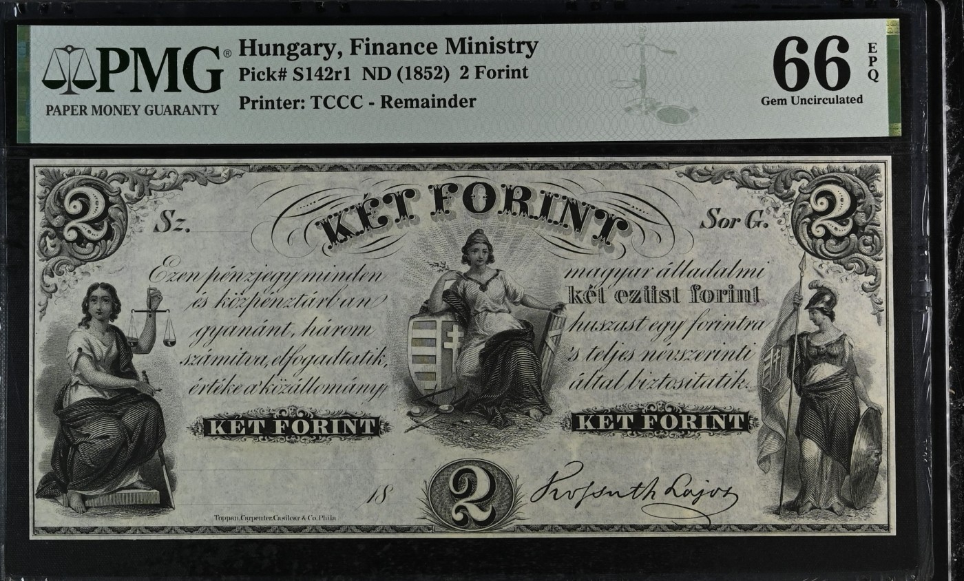 收藏联盟Quantum Auction 第295期拍卖  匈牙利财政部ND (1852)年2福林 PMG66