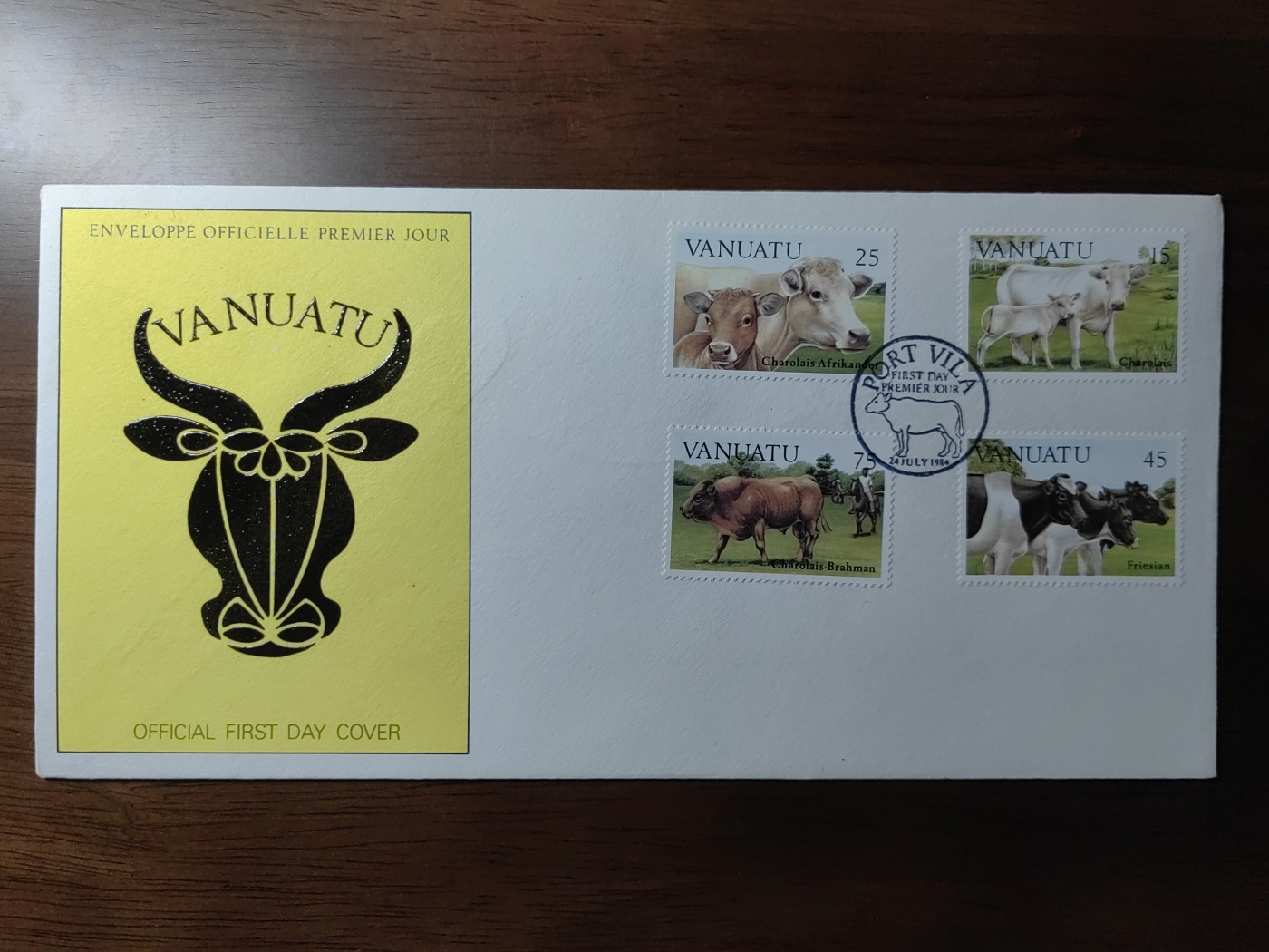 外国邮和小本票精品专场（秒杀和拍卖）第①⑥场  瓦努阿图1984 牛 首日封（凹凸印刷）