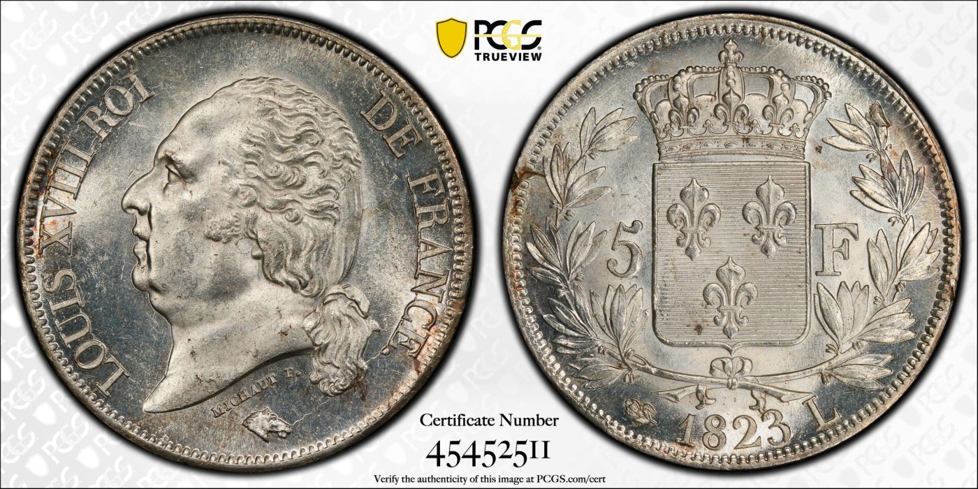 博洋堂世界钱币拍卖第047期（全场包邮） PCGS MS63 法国1823L路易十八5法朗银币,底板一流，镜面车轮光状态，版别郁金香巴约纳厂，稀少。名家旧藏（Joe.sedillot），官方封面广告币
