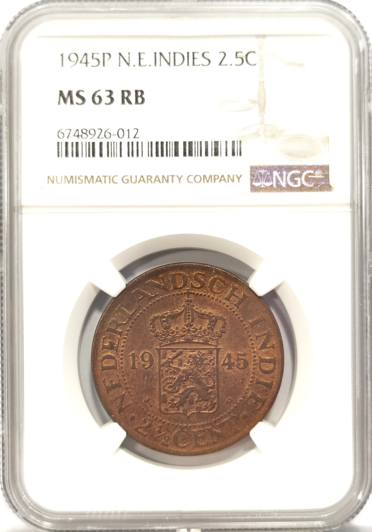 博洋堂世界钱币拍卖第047期（全场包邮） NGC MS63RB 荷属东印度1945年2.5分大铜币，转光强烈包浆醇厚，设计充满异域风情