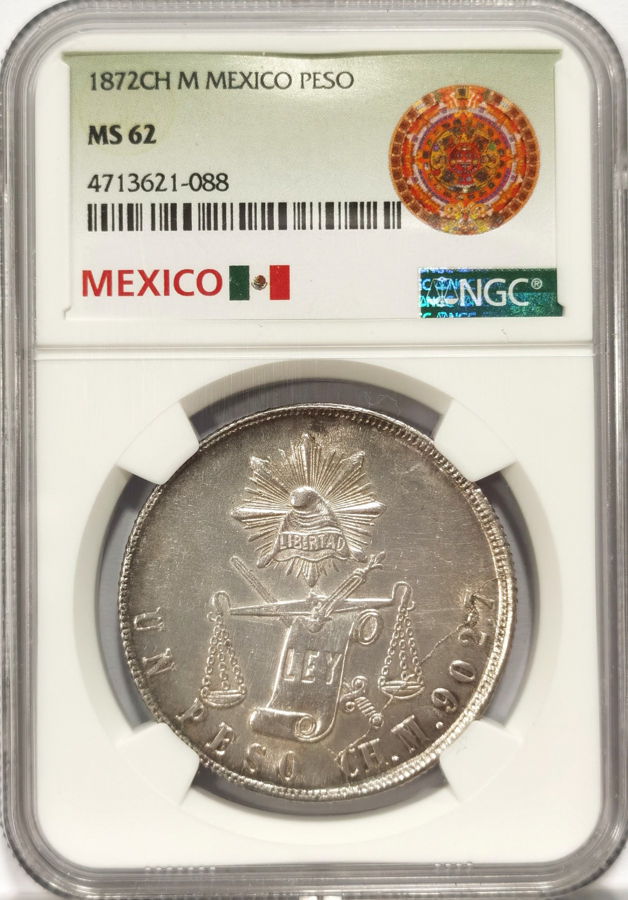 博洋堂世界钱币拍卖第047期（全场包邮） NGC MS62 墨西哥1872年CH M版天平鹰洋，少见好版，铁灰色包浆，NGC少见特殊标签