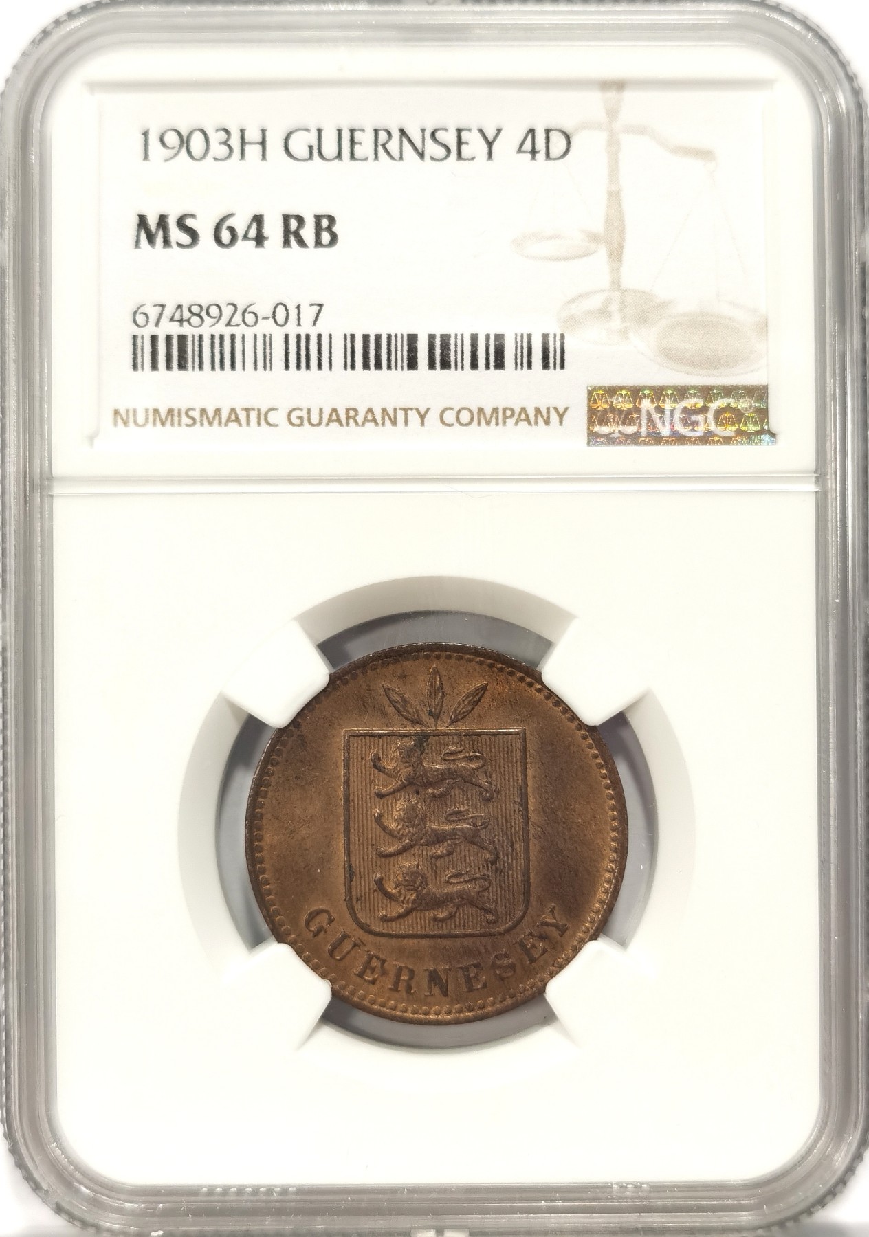 博洋堂世界钱币拍卖第047期（全场包邮） NGC MS64RB 英属根西1903年4道布铜币 轻度氧化铜光醇厚，打制深峻，经典三狮纹章非常可爱
