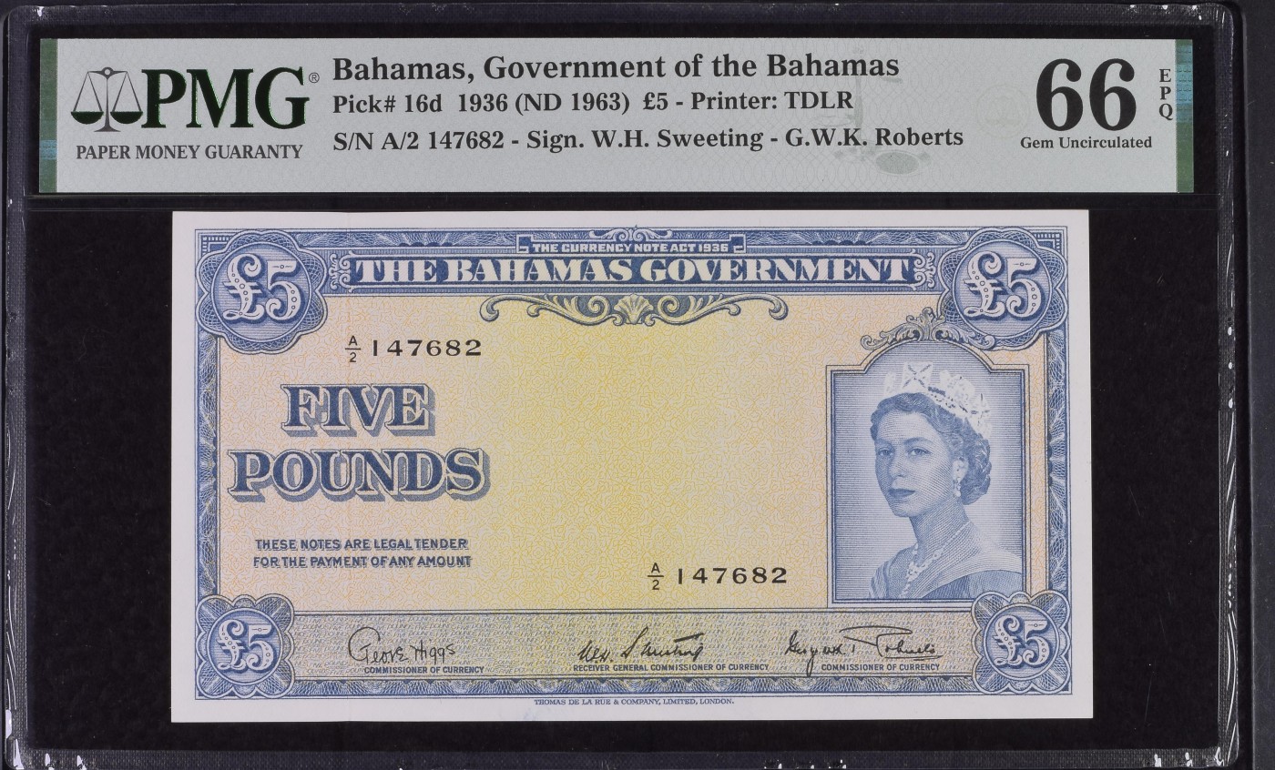 收藏联盟Quantum Auction 第295期拍卖  巴哈马1936 (ND 1963)年5镑 PMG66 稀少 大冠女王珍品