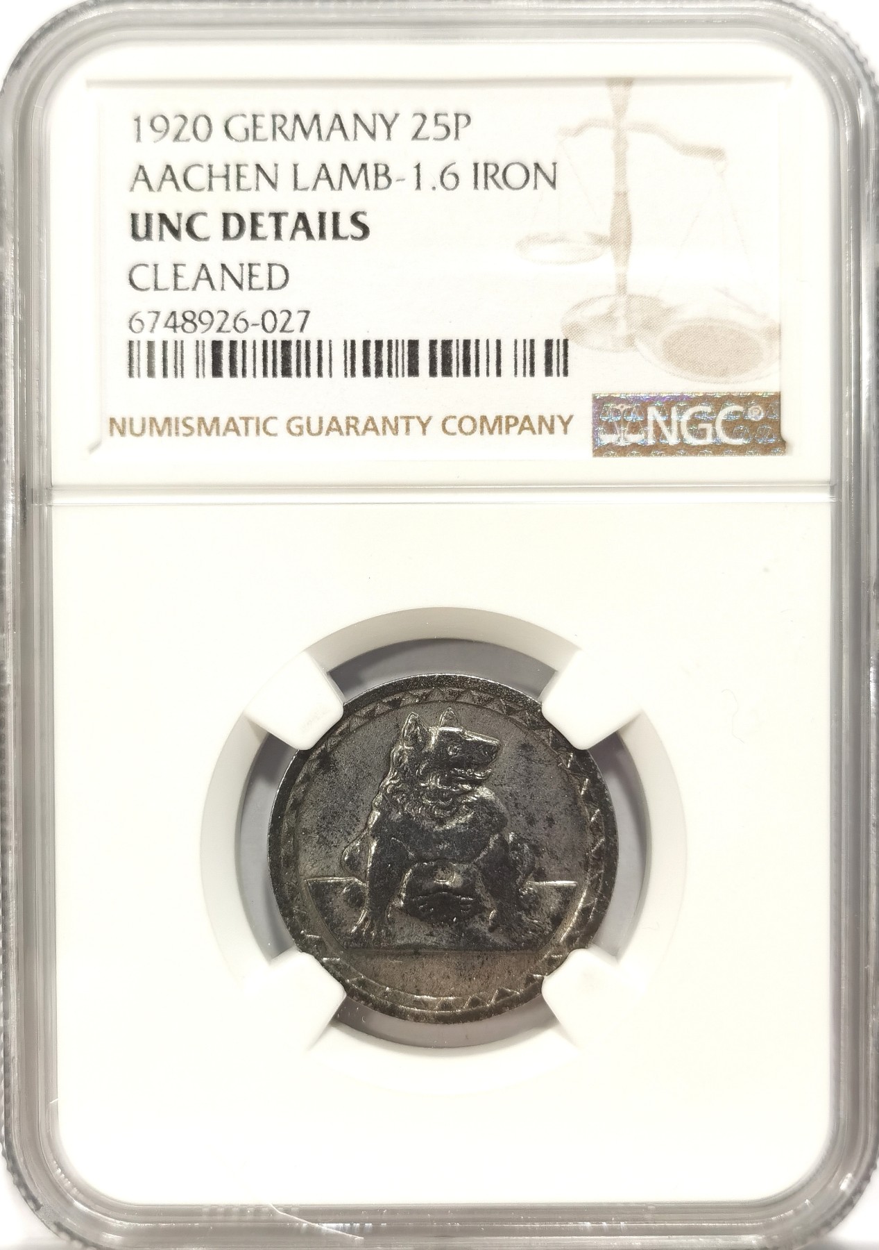 博洋堂世界钱币拍卖第047期（全场包邮） NGC UNC 德国紧急状态硬币1920年亚琛无心狼25芬尼铁币，铁币特有醇厚包浆，轻微流通痕迹严评清洗