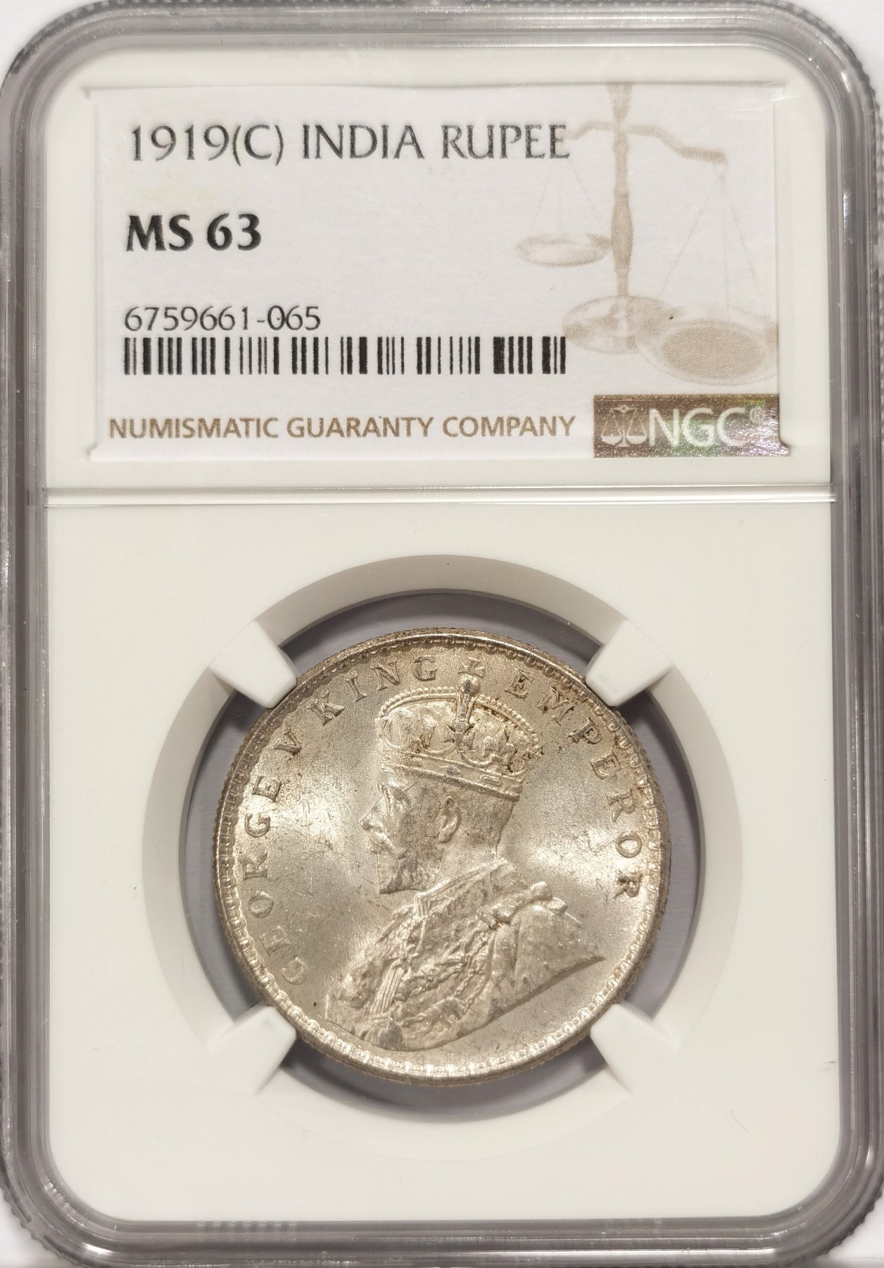 博洋堂世界钱币拍卖第047期（全场包邮） NGC MS63 英属印度1919年乔治五世卢比银币