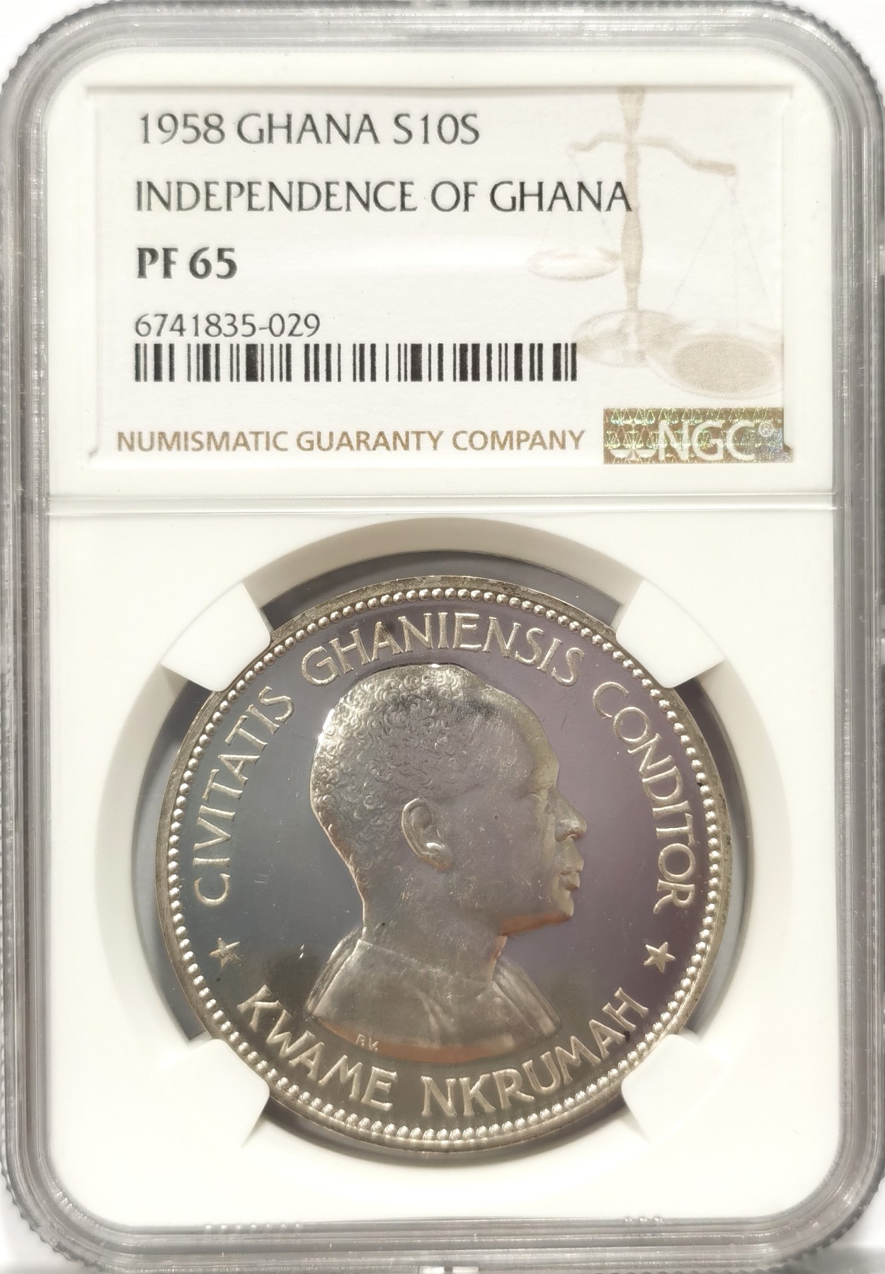 博洋堂世界钱币拍卖第047期（全场包邮） NGC PF65 加纳1958年独立精制10先令大五星银币，早期精制币品种，该品种65是个砍，常见65以下分数，正面为加纳国父恩克鲁玛