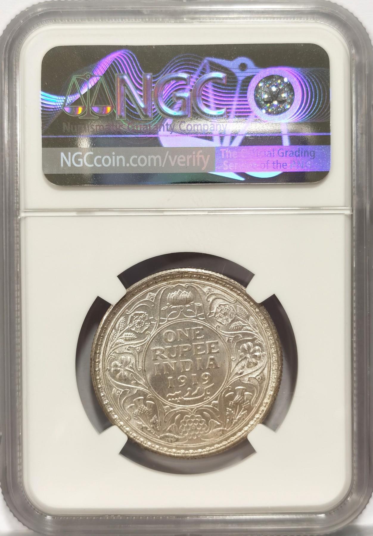博洋堂世界钱币拍卖第047期（全场包邮） NGC MS62 英属印度1919年乔治五世卢比银币