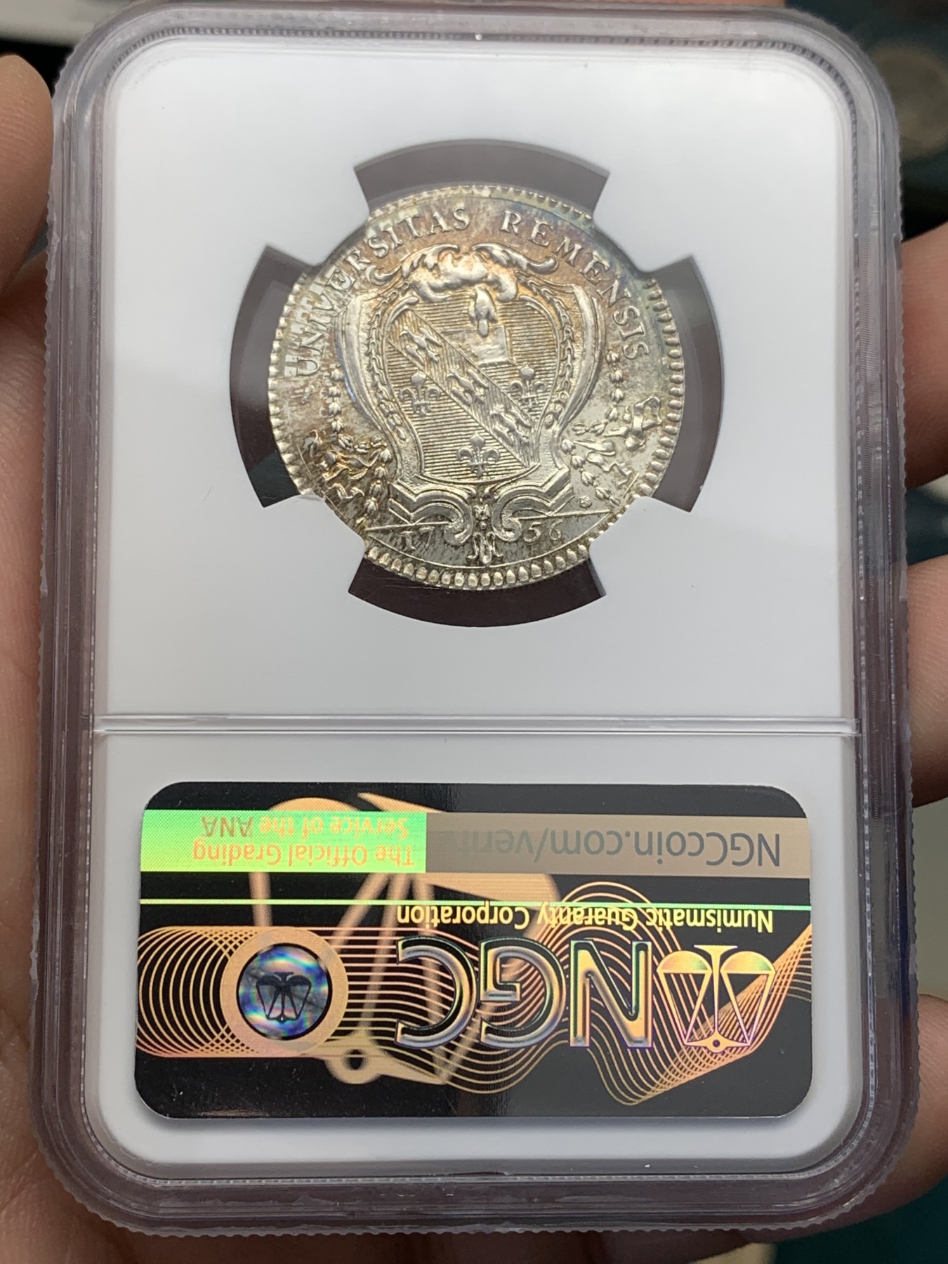 《竞宝斋》第204场-周日，周一 2场 (全场包邮) NGC-MS65 1756年法国兰斯大学代币 转光带彩，高分银质代币