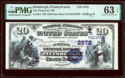 【Blue Auction】✨世界纸币精拍第379期【精】 -  【无47 升值品种】美国 1882年20美金 国民券 正面来克星顿的枪声宣告美国独立战争的开始&各行各业围绕着自由女神 PMG63EPQ 全新原票 精美绿钞 高分段较少见 值得收藏 