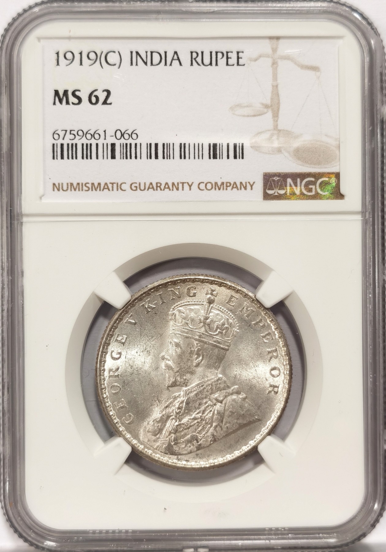 博洋堂世界钱币拍卖第047期（全场包邮） NGC MS62 英属印度1919年乔治五世卢比银币