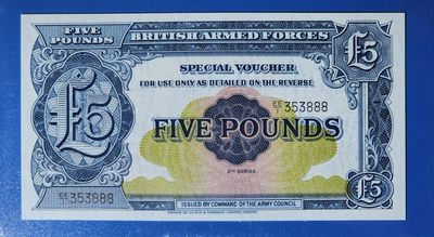 港、澳、台、中外钞、流水签、机签、箱包单、靓号专场第39期 - 英国 1958年 5镑 殖民地军票 纸钞 号码无47 双冠 靓号 豹子号 EE/1  353888 UNC一张/如图 
