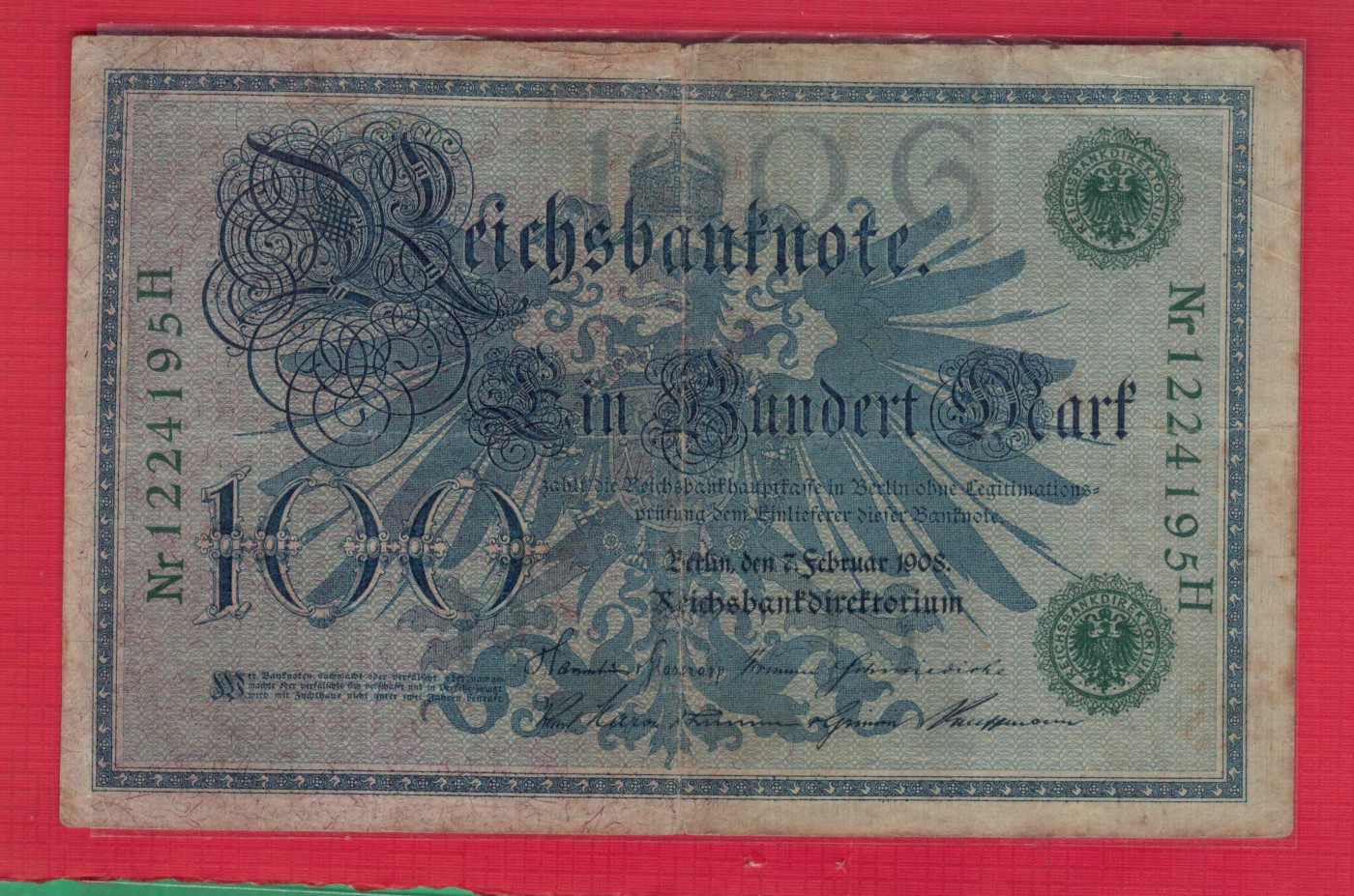 德国100马克 1908年 绿色号码绿色印(较少) P-34 欧洲纸币 实物如图