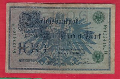 德国100马克 1908年 绿色号码绿色印(较少) P-34 欧洲纸币 实物如图 - 德国100马克 1908年 绿色号码绿色印(较少) P-34 欧洲纸币 实物如图