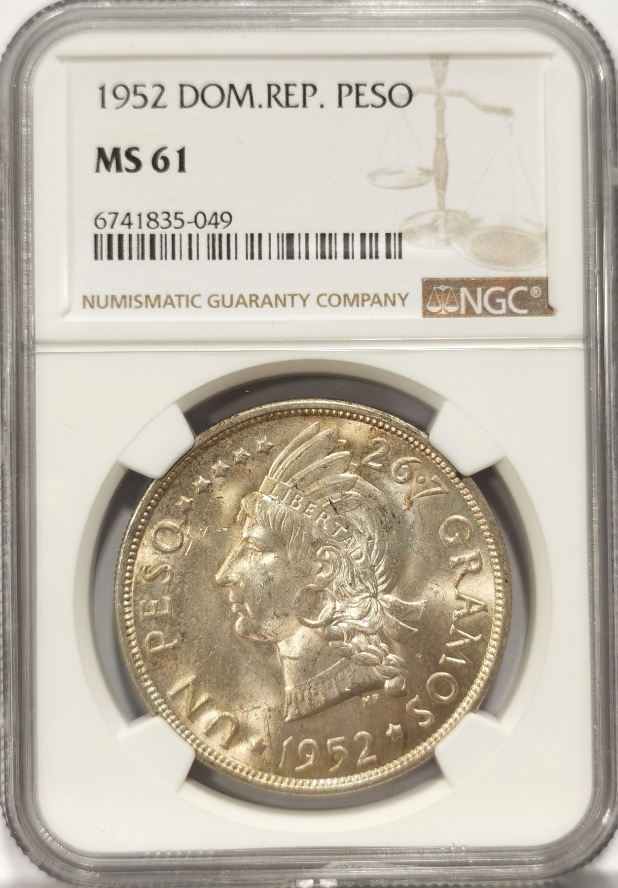 博洋堂世界钱币拍卖第047期（全场包邮） NGC MS61 多米尼加1952年女神1比索大银币 流通版币最后一年，低评，美洲币热门品种