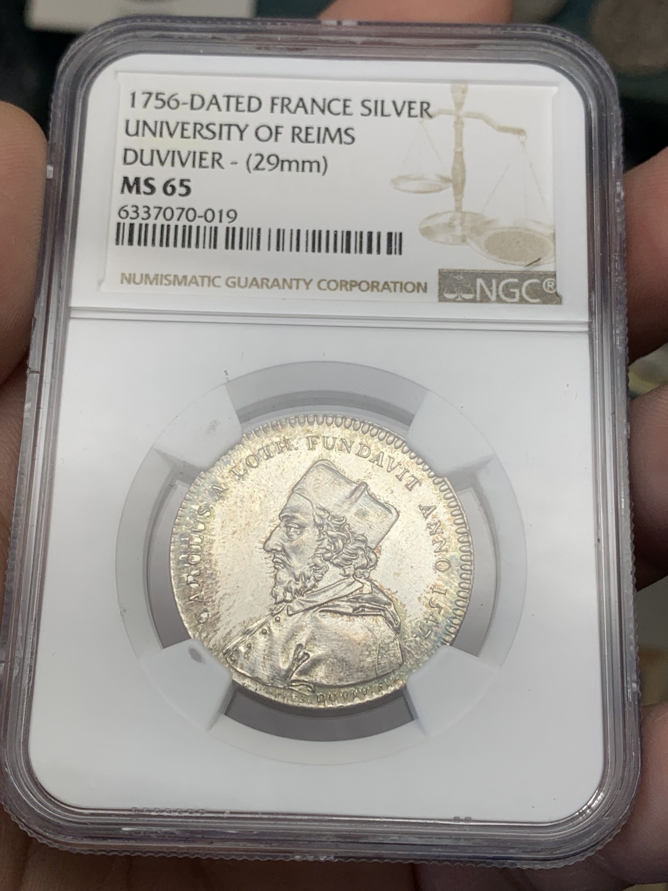 《竞宝斋》第204场-周日，周一 2场 (全场包邮) NGC-MS65 1756年法国兰斯大学代币 转光带彩，高分银质代币