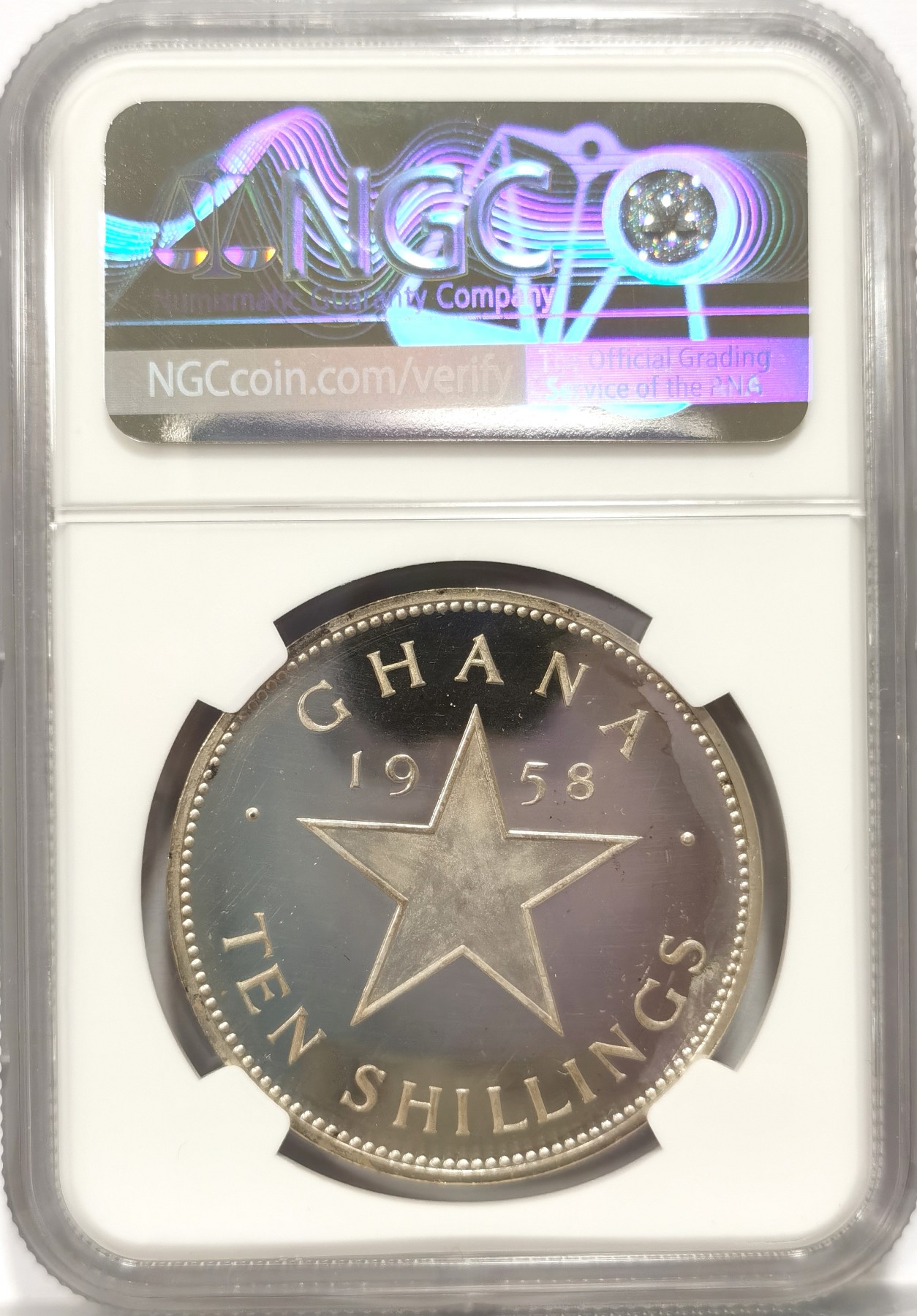 博洋堂世界钱币拍卖第047期（全场包邮） NGC PF65 加纳1958年独立精制10先令大五星银币，早期精制币品种，该品种65是个砍，常见65以下分数，正面为加纳国父恩克鲁玛